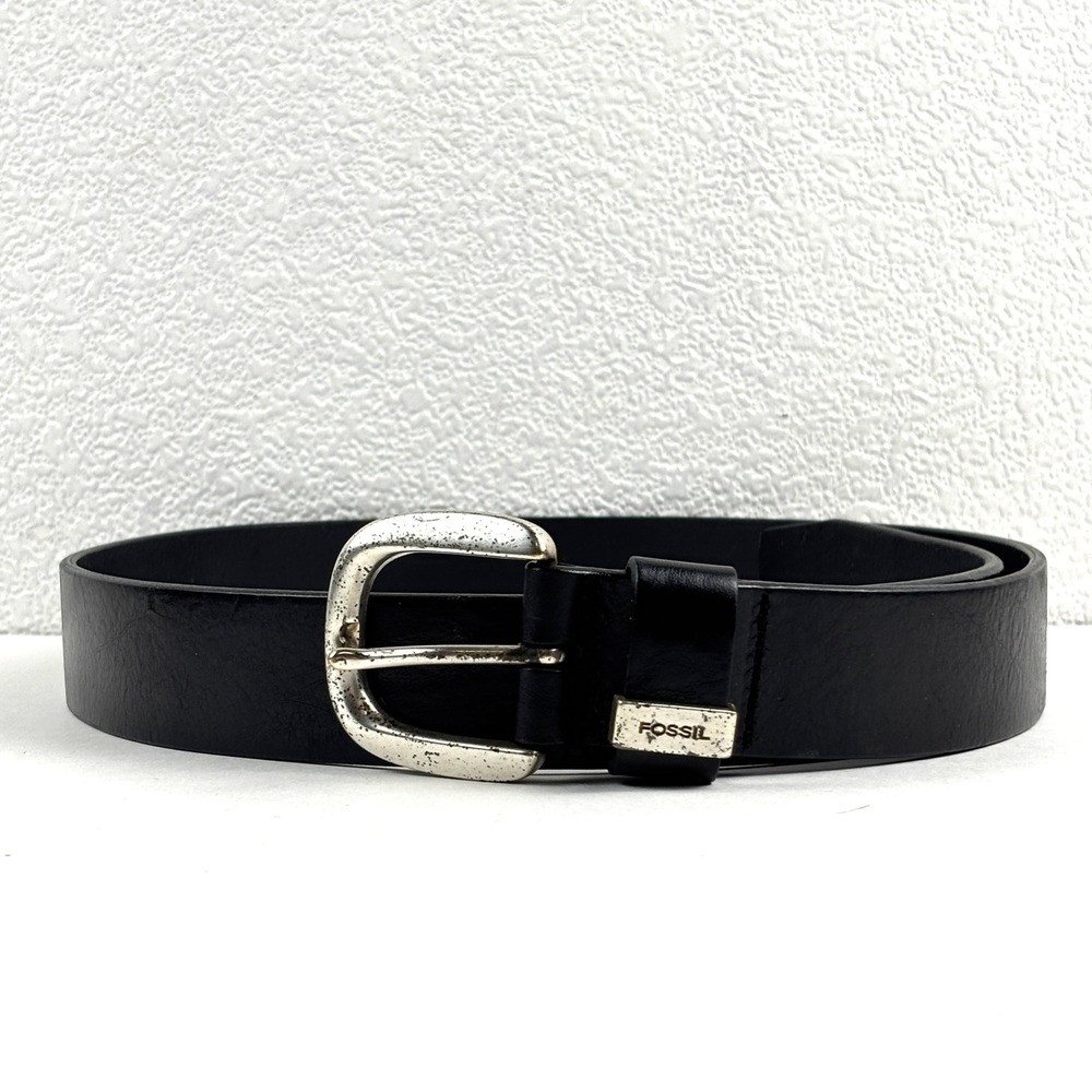 Fossil Leather Belt Mens Large Black Silver Buckle Casual Americana Classic